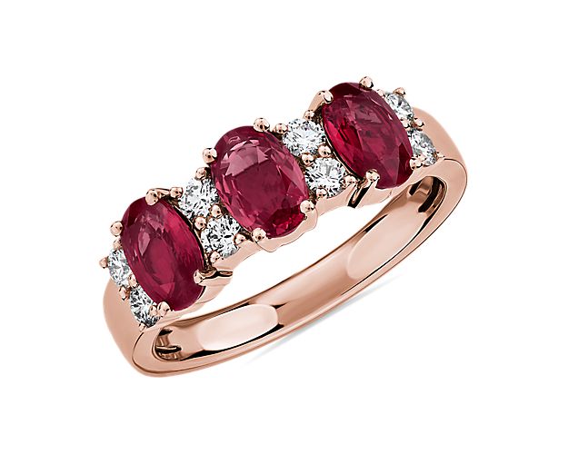 Ruby and Diamond Three-Stone Ring in 14k Rose Gold