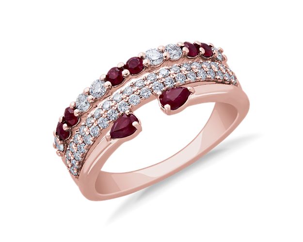 3-Row Stacked Ruby Open Pear and Pavé Diamond Ring in 14k Rose Gold (3/8 ct. tw.)