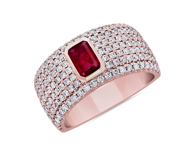 Emerald Cut Bezel Set Ruby Pavé Ring in 14k Rose Gold (1 ct. tw.)