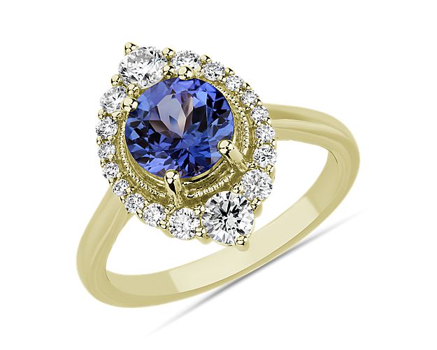 Tanzanite and Diamond Halo Ring in 14k Yellow Gold