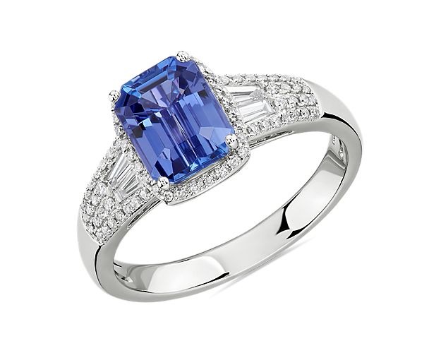 Emerald Cut Tanzanite Ring with Diamond Baguette Sidestones in 14k White Gold