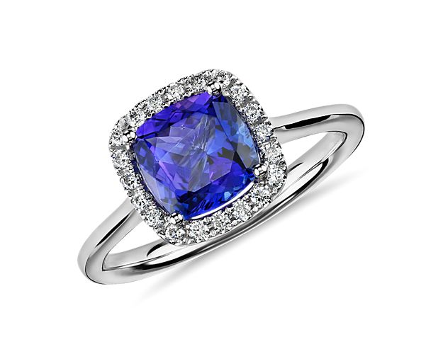 Tanzanite Cushion and Diamond Halo Ring in 14k White Gold (7x7mm)