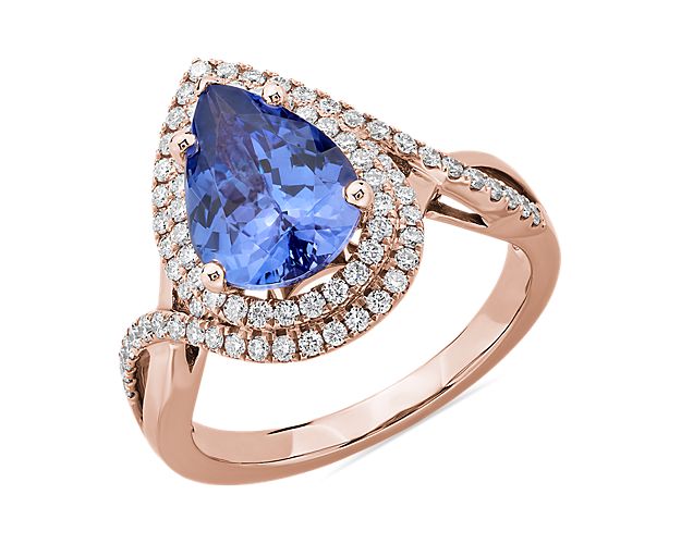 Pear Cut Tanzanite Ring with Double Diamond Halo in 14k Rose Gold