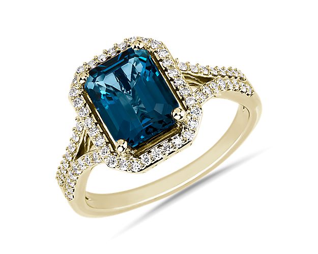 Emerald Cut London Blue Topaz and Diamond Split Shank Ring in 14k Yellow Gold