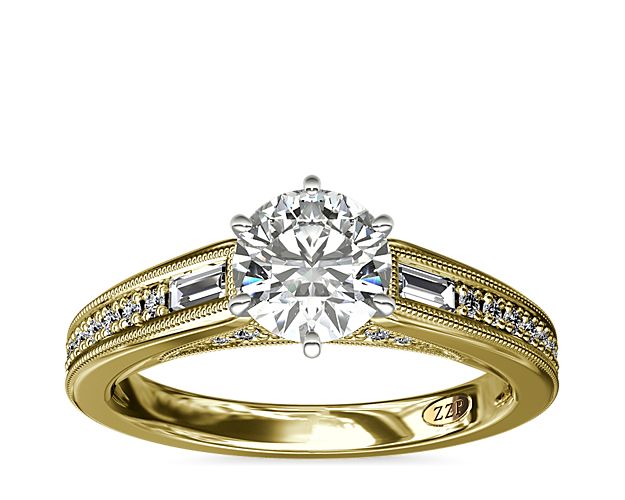 ZAC ZAC POSEN Art Deco Baguette and Round Diamond Engagement Ring with Milgrain Detail in 14k Yellow Gold (1/4 ct. tw.)