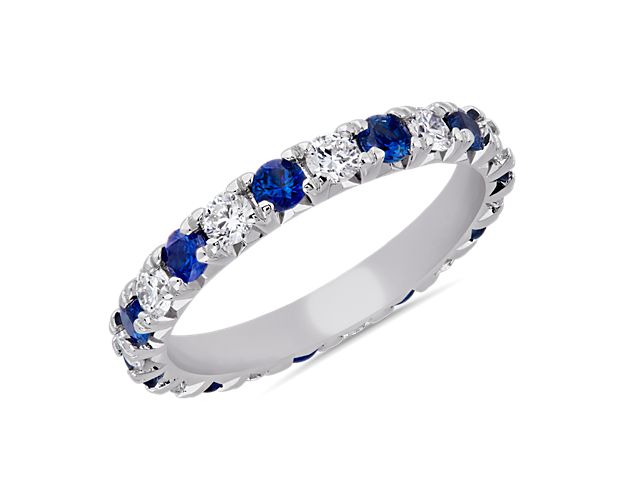 French Pavé Sapphire and Diamond Eternity Ring in 14k White Gold (2.5mm)