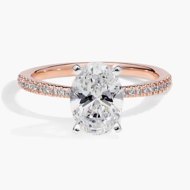 1 1/2 CT. GIA Certified Oval Lab Created Diamond Petite Micropavé Diamond Engagement Ring in 14k Rose Gold (1/10 ct. tw.)